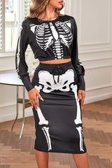 Halloween Skeleton Print Crop Top & Drawstring Skirt Set