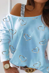 Heart Pattern Sequins Cold Shoulder T-shirt