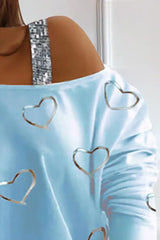 Heart Pattern Sequins Cold Shoulder T-shirt