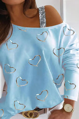 Heart Pattern Sequins Cold Shoulder T-shirt