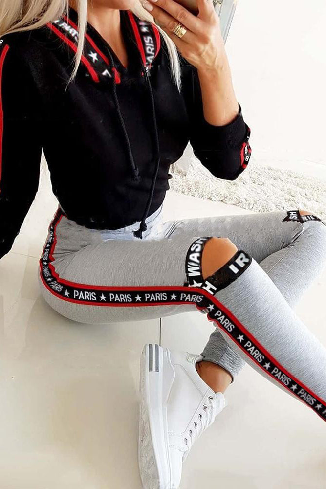 Letter Ribbon Hooded Top & Cutout Pants Set